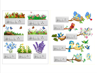 Heaven Decors 30 cm Birds On Tree And Flower Butterfly Switch Board Combo Sticker Self Adhesive Sticker(Pack of 1)