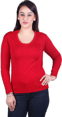 Ogarti Solid V Neck Casual Women Red Sweater