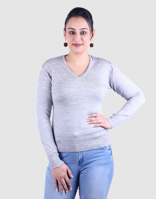 Ogarti Solid V Neck Casual Women Grey Sweater