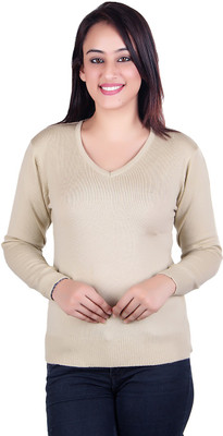 Ogarti Solid V Neck Casual Women Beige Sweater