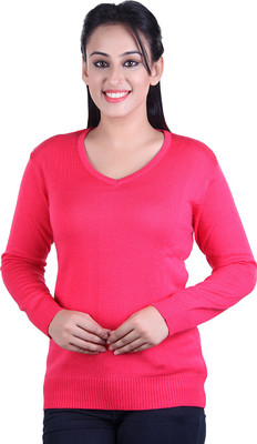 Ogarti Solid V Neck Casual Women Pink Sweater