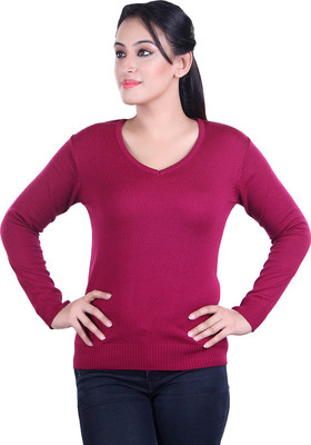 Ogarti Solid V Neck Casual Women Purple Sweater