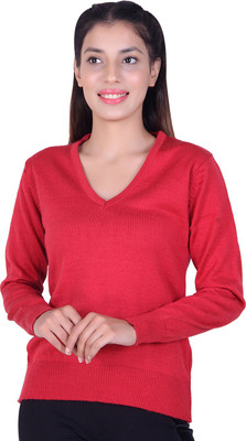 Ogarti Solid V Neck Casual Women Red Sweater