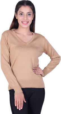 Ogarti Solid V Neck Casual Women Beige Sweater