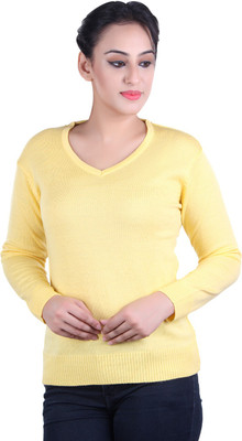 Ogarti Solid V Neck Casual Women Yellow Sweater