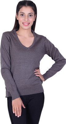 Ogarti Solid V Neck Casual Women Grey Sweater