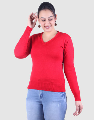Ogarti Solid V Neck Casual Women Red Sweater