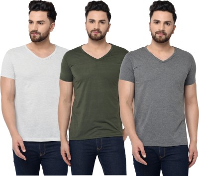Adorbs Solid Men V Neck Dark Green, White, Grey T-Shirt
