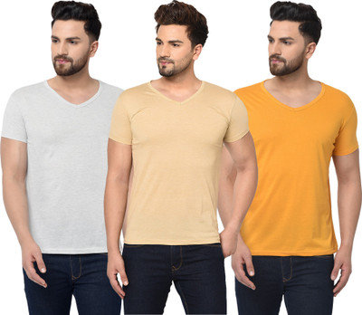 Jangoboy Solid Men V Neck Beige, Grey, Yellow T-Shirt
