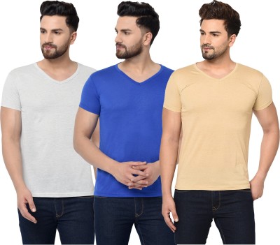 Adorbs Solid Men V Neck Blue, Beige, Grey T-Shirt