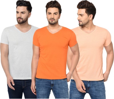 Tivy Solid Men V Neck Pink, Orange, Grey T-Shirt