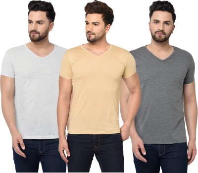 Jangoboy Solid Men V Neck White, Grey, Beige T-Shirt