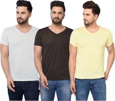 Adorbs Solid Men V Neck Brown, Grey, Yellow T-Shirt