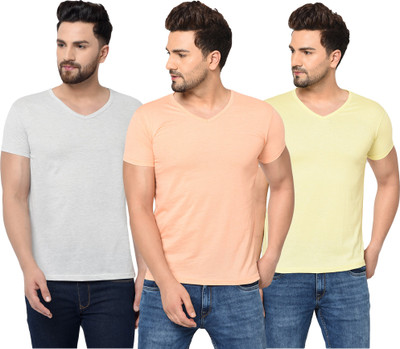 Jangoboy Solid Men V Neck White, Orange, Yellow T-Shirt