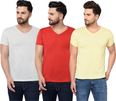 Tivy Solid Men V Neck Maroon, Grey, Yellow T-Shirt