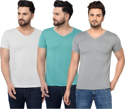 Tivy Solid Men V Neck Grey, Light Green T-Shirt