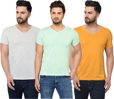 Jangoboy Solid Men V Neck Light Blue, White, Yellow T-Shirt