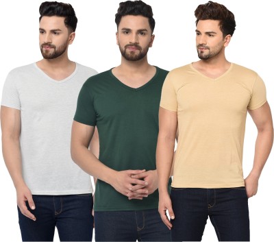 Tivy Solid Men V Neck Dark Green, Grey, Beige T-Shirt