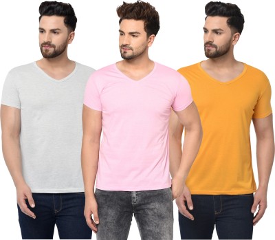 Adorbs Solid Men V Neck Pink, Grey, Yellow T-Shirt