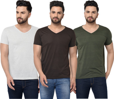 Tivy Solid Men V Neck Dark Green, Brown, Grey T-Shirt