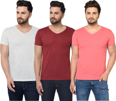 Tivy Solid Men V Neck White, Maroon, Pink T-Shirt