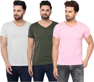 Adorbs Solid Men V Neck Dark Green, Pink, Grey T-Shirt