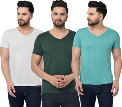 Tivy Solid Men V Neck Dark Green, Light Blue, Grey T-Shirt