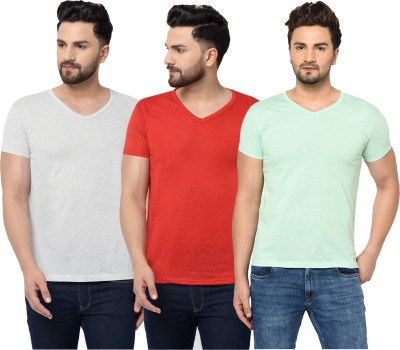 Tivy Solid Men V Neck Red, Grey, Light Green T-Shirt