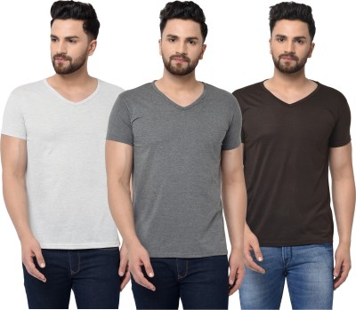 Tivy Solid Men V Neck White, Brown, Grey T-Shirt