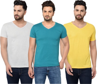 Adorbs Solid Men V Neck Light Blue, Grey, Yellow T-Shirt