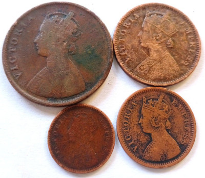 MANMAI COINS 4 X DIFFERENT SET - BRITISH INDIA - QUEEN VICTORIA - 1/2,1/4,1/12 ANNA & 1/2 PICE - COPPER COIN Medieval Coin Collection(4 Coins)