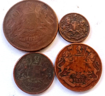 MANMAI COINS 4 X ALL DIFFERENT SET - 1835 - EIC - 1/2 , 1/4 , 1/12 ANNA & 1/2 PICE - EAST INDIA COMPANY - CIRCULATED CONDITION -COPPER COIN Medieval Coin Collection(4 Coins)