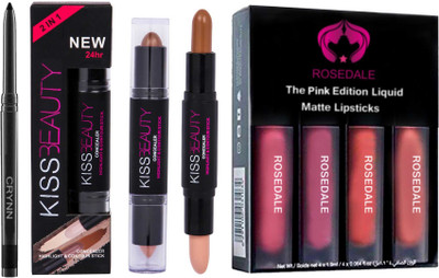 Crynn Smudge Proof Essential Makeup HD18 Beauty Kajal & Concealer Highlighter Contour Stick & Pink Edition Set of 4 Liquid Matte Lipstick(6 Items in the set)