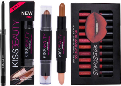 Crynn Smudge Proof Essential Makeup HD18 Beauty Kajal & Concealer Highlighter Contour Stick & Valentine Catsuit Edition Set of 12 Liquid Matte Lipsticks(14 Items in the set)
