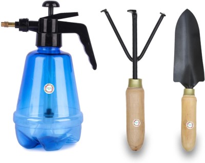 Hariyali Seeds Garden Pump Pressure Sprayer Lawn Sprinkler, Water Mister, Spray Bottle For Plants (Multicolor) and Wooden Hand Digging Trowel & Hand Cultivator For Home Gardening and Outdoor Living Garden Tool Kit(3 Tools)
