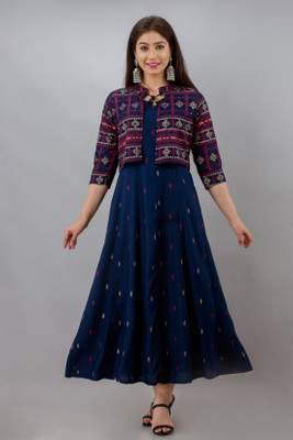 AMP UP Women Printed A-line Kurta(Dark Blue, Red, Gold)