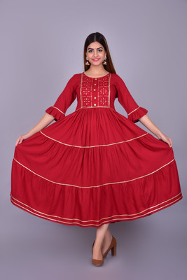 NYPA Women Embroidered Flared Kurta(Maroon)