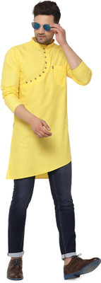 BEN COOPER Men Solid Asymmetric Kurta(Yellow)