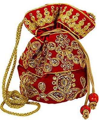 Dms Retail Women's Multi Color Jardosh Embroidery Raw Silk Potli Bag with String - Handbag/Clutch/Return Gift Bags/Batwa/Wallet/Wristlets/Ethnic Bag for Women & Girls Potli