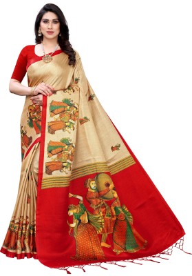 Priyashi Printed Kalamkari Art Silk Saree(Yellow, Red)