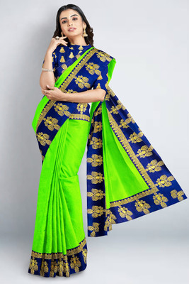 Cloth Factory Self Design, Temple Border, Embellished, Woven, Solid/Plain Bollywood Silk Blend, Jacquard Saree(Blue, Light Green)