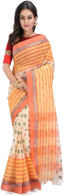 RAJ SAREE HOUSE Striped Tant Pure Cotton Saree(Orange)