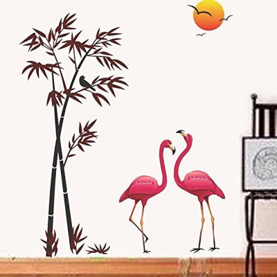 Psychedelic Collection 80 cm flamingo tree birds with sunset Self Adhesive Sticker(Pack of 1)