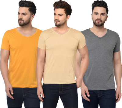 Jangoboy Solid Men V Neck Beige, Grey, Yellow T-Shirt
