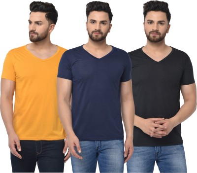 Bribzy Solid Men V Neck Dark Blue, Black, Yellow T-Shirt