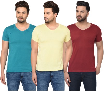 Jaskart Solid Men V Neck Light Blue, Maroon, Yellow T-Shirt