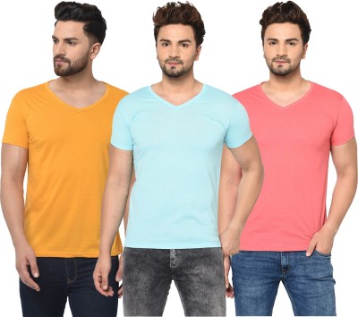 Bribzy Solid Men V Neck Light Blue, Pink, Yellow T-Shirt