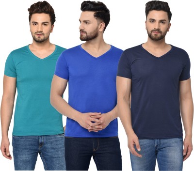 Jaskart Solid Men V Neck Dark Blue, Green T-Shirt