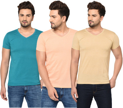 Jangoboy Solid Men V Neck Light Blue, Pink, Beige T-Shirt