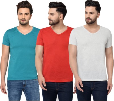 Bribzy Solid Men V Neck Red, Blue, Grey T-Shirt